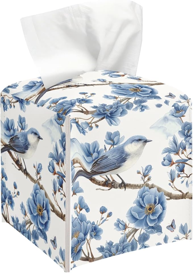 Vintage Floral and Bird Tissue Box Cover, Blue Tissue Holder Square with Bottom Belt for Home Bathroom Office Vanity Countertop, Housewarming Gifts Ideas for Women Friends Mom Bestie -07