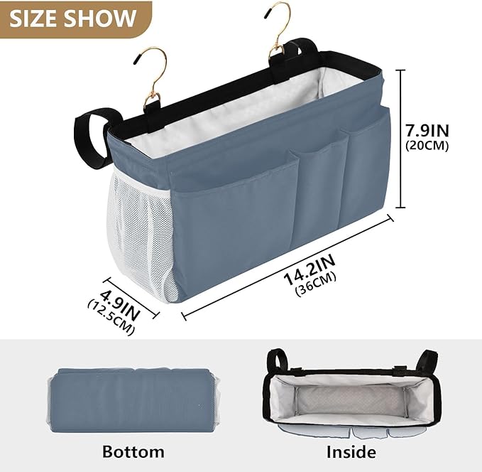 DOMIKING Dusty Blue Bedside Caddy for Dorm Bed Recliner Armrest Organizer with Hooks Haning Holder for Magazine Tablet Phone