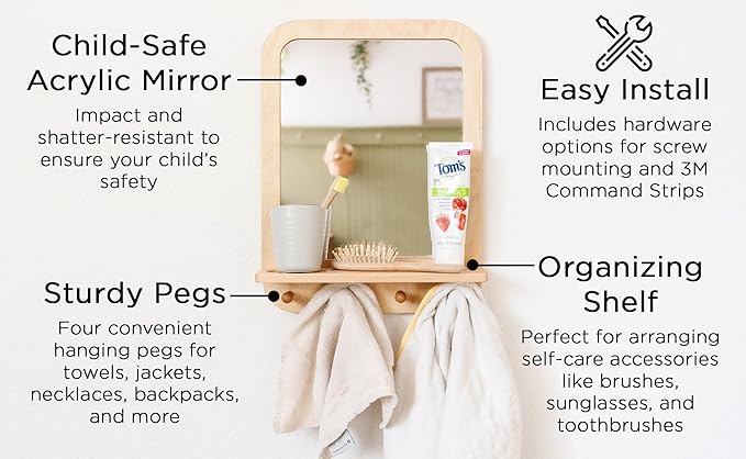 Montessori Wooden and Acrylic Wall Mirror with Hooks for Toddlers - Entryway Mirror with Hooks and Shelf Organizer Self-Care Station