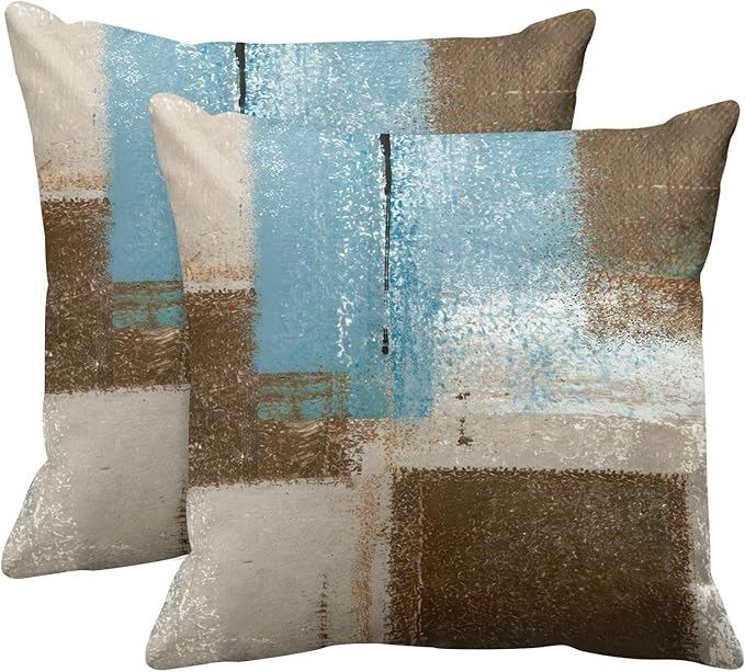 Britimes Throw Pillow Covers Modern Home Art Decor, 16 x 16 Inches Set of 2 Pillow Cases Decorative, Abstract Oil Painting Pillowcases for Bedroom, Living Room, Cushion Couch Sofa, Beige Blue