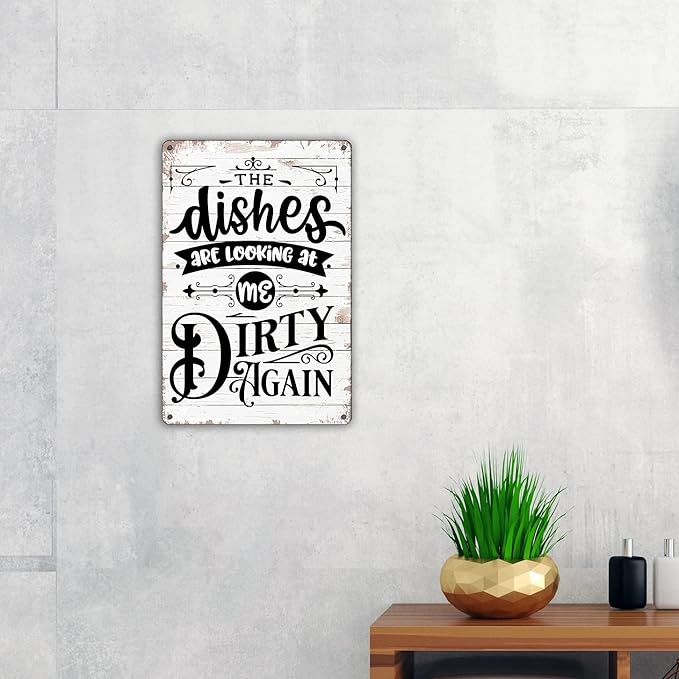QIONGQI Funny Kitchen Quote The Dishes are Looking at Me Dirty Again Metal Tin Sign Wall Decor Rustic Kitchen Signs with Sayings for Home Kitchen Decor Gifts