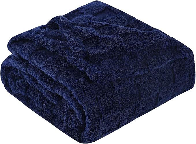 Navy Blue Fleece Throw Blanket 50”×60” for Couch Sofa Bed,Super Soft Cozy Plush Microfiber Flannel Blanket with 3D Checkered Design Lightweight for Adults,Woman,Girls