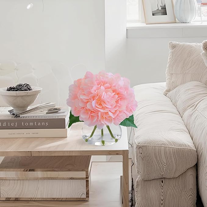 Hydrangea Artificial Flowers in Vase, White Silk Fake Flowers Silk Centerpiece Table Decorations for Dining Room， Coffee Table Decor，Wedding, Home with Faux Water Decor (New Pink)