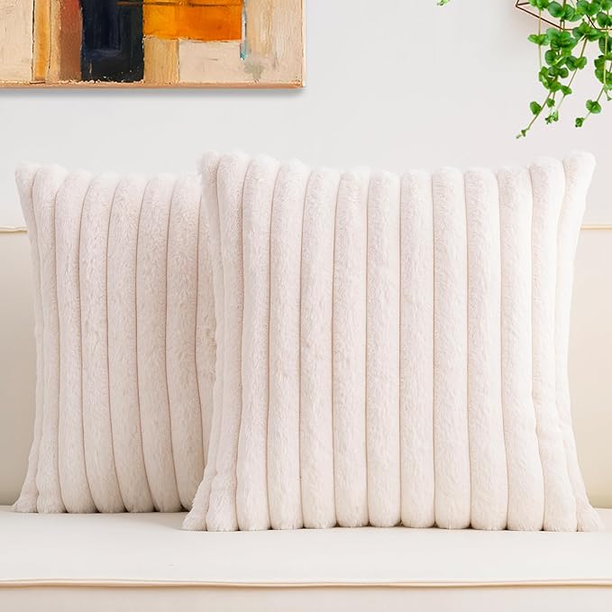 Aegero Pack of 2 Faux Fur Fall Throw Pillow Covers 16x16 Inch, Soft Plush Striped Neutral Couch Pillow Cover, with Velvet Back Modern Home Decor for Sofa Living Room Couch Bed Cream White