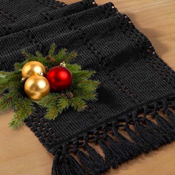 Socomi Boho Table Runner Macrame Easter Spring Farmhouse Woven Cotton Linen Rustic Coffee Table Runner with Tassels for Small Dresser Scarf Home Decor Dining Room 12x72 inch Black