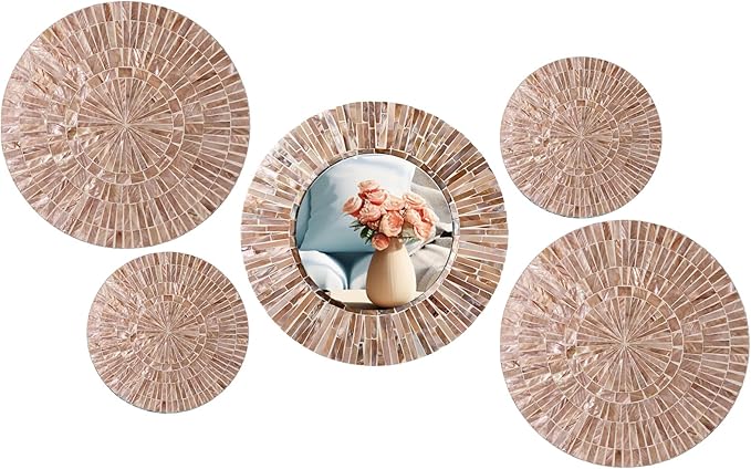 Wesiti 5 Pcs Christmas Wall Art Decor Boho Mother of Pearl Mirror Wall Decor Handmade Bohemia Hanging Plates Art for Bedroom Bathroom Decoration