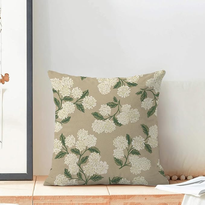 AEIOAE Spring Pillow Covers 18x18 Inch Set of 2, Beige Green Hydrangea Flower Throw Pillows Case,Floral Summer Outdoor Seasonal Decorative Farmhouse Decor Cushion Covers for Home Sofa Bed Couch