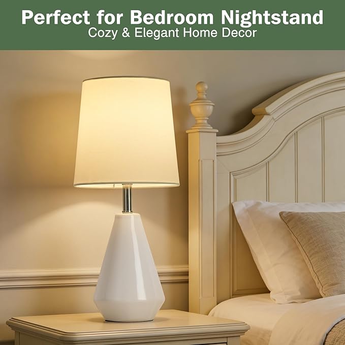 Small Bedside Table Lamp for Bedroom-Reading Desk Lamp Set of 2,with 3 Color Temperatures,15.5" Nightstand Ceramic Lamp with Fabric Shade for Kids Room,Living Room,Dorm,Home Office(White)