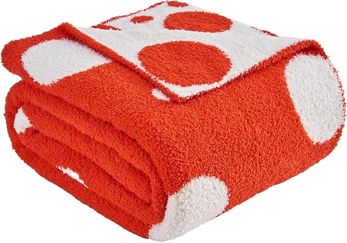 CozeCube Super Soft Fullfy Microfiber Reversible Knitted Blankets, Warm Cozy Fuzzy Plush Throw, Orange red and White Polka Dot Throw Blanket for Couch Bed Sofa, 60" x 80"