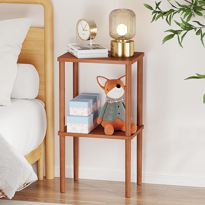 Solid Wood Side Table, 2-Tier Tall End Table with Storage Shelf, Small Nightstand Bedside Table for Bedroom, Living Room, Kids Room & Small Spaces, No-Tool Assembly,(Walnut)