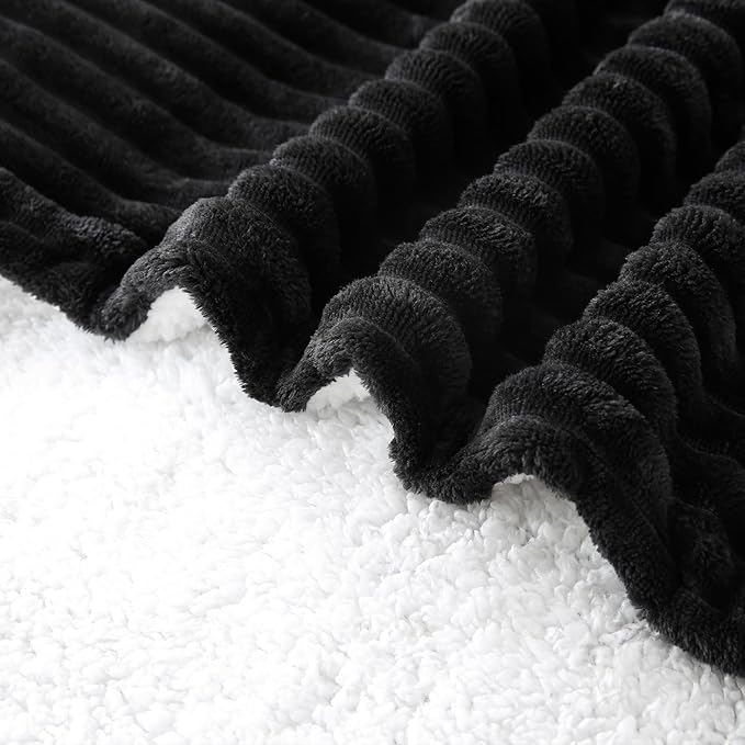 Black Sherpa Fleece Throw Blanket 60”×80” for Couch Sofa Bed,Double Side Soft Fuzzy Cozy Plush Thick Flannel Blanket with Striped Design,Gift for Adults,Woman,Girls