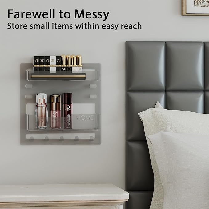 Bedside Wall Shelf Organizer – Floating Acrylic Shelf for Dorm & Bedroom Storage, Adhesive Wall Mounted Organizer for Phone, Remote, Glasses – Minimalist Clear Room Decor (Clear)