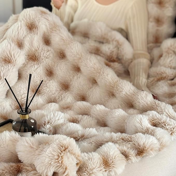 Luxury 1000GSM Throw Blanket, 50x60 Inches, Ultra Soft Double-Sided 3D Bubble Textured Faux Rabbit Fur, Frosted Khaki & White, Reversible High-Density Plush Warm Blanket for Sofa & Bed