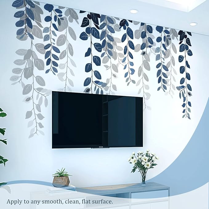 Blue Hanging String of Eucalyptus Wall Decals Peel and Stick, Large Plants Vinyl Wall Stickers, Removable Vine Home Decor Art for Bedroom Living Room Classroom Office