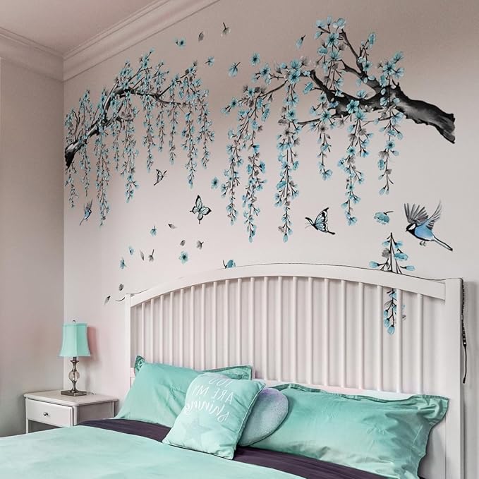 Blue Cherry Blossom Wall Stickers, Spring Watercolor Blue Flower Tree Wall Decals Bird Butterfly Peel and Stick Wall Murals Decor for TV Background Living Room Bedroom (Ink Blue)