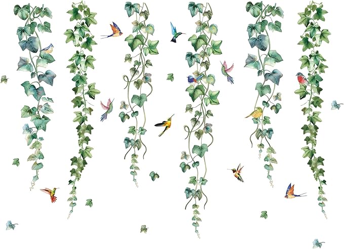 HLNIUC Nature Themed Wall Decal 35PCS Vine and Bird Self Stick Room Sticker Colourful Humming Bird Sticky Wall Decals Spring Day Wall Stickers Peel and Stick Natural Art Decal for Living Room