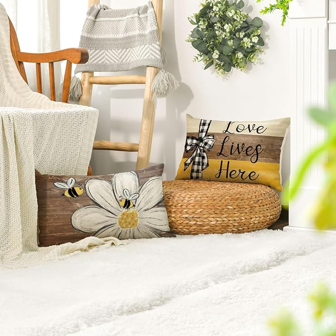 AVOIN colorlife Home Sweet Home Bee Daisy Throw Pillow Covers, 12 x 20 Inch Love Lives Here Spring Summer Stripes Polka Dots Cushion Case for Sofa Couch Set of 4