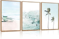 CHDITB Tropical Surf Scene Framed Canvas Wall Art Set Of 3, Coastal Wall Decor, Ocean Inspired Beach Wall Painting, Neutral Seascape Palm Tree Art Prints For Living Room Bedroom Decor (12x16 Inch)