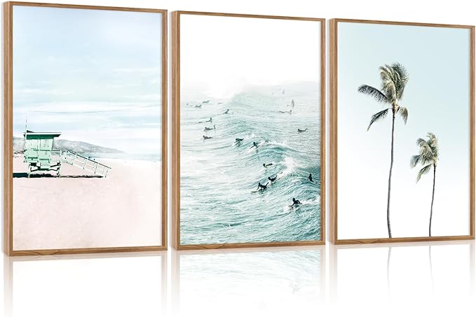CHDITB Tropical Surf Scene Framed Canvas Wall Art Set Of 3, Coastal Wall Decor, Ocean Inspired Beach Wall Painting, Neutral Seascape Palm Tree Art Prints For Living Room Bedroom Decor (12x16 Inch)