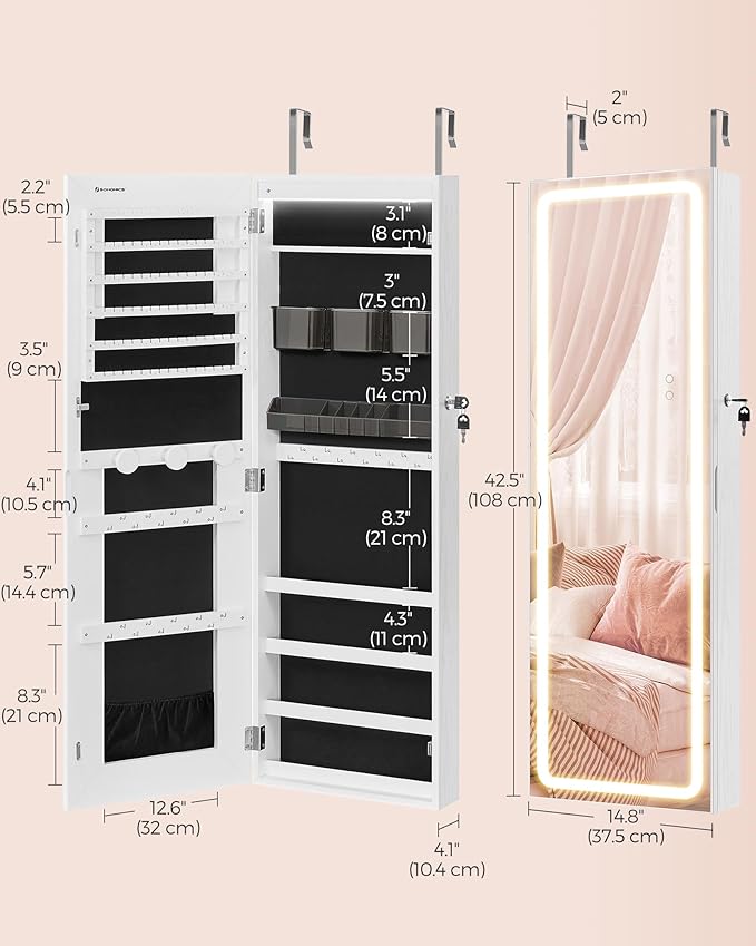 SONGMICS LED Mirror Jewelry Cabinet Armoire, Wall or Door Mounted Jewelry Storage Organizer, Hanging Lockable Frameless Mirror Cabinet with 2 Plastic Cosmetic Organizers, Gift Idea, White UJJC011W01