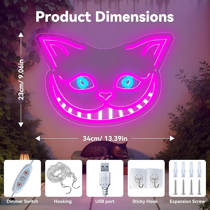 Cheshire Cat Neon Sign Alice in Wonderland Decor Light Up Sign,Smile Cat Neon Light for Wall Decor,Bedroom,Tea Party,Birthday Gifts,Bar Home Dorm Decorations