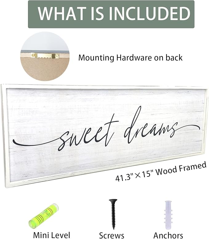 Sweet Dreams Wall Decor Above Bed Large 41''×15'' Farmhouse Wall Decor for Bedroom Guest Room Decor Framed Wood Wall Art Rustic Master Bedroom Wall Decoration 01 (white frame)