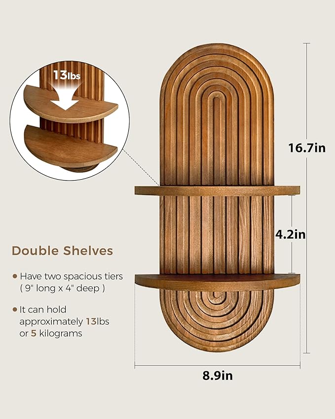 Bamworld Boho Wall Decor Plant Wall Shelf Mid Century Modern Decor Hanging Plant Shelf 2-Tier Wooden Floating Shelves for Home Bathroom Bedroom Living Room Office Holding Planter Decoration Walnut
