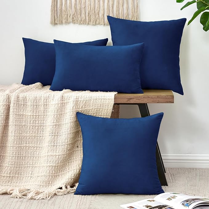 Throw Pillow Covers Decorative Velvet Set of 2 24x24 Inch Pillow Covers, Soft Navy Blue Large Pillowcases for Couch Sofa Bed Living Room, Farmhouse Home Boho Decor, Accent Cushion Covers