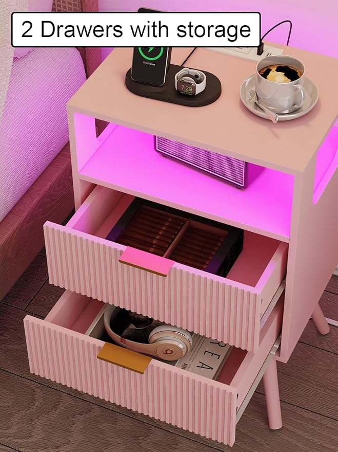 Nightstand, Modern Bedside Table with 2 Storage Drawer and Open Wood Shelf for Bedroom and Small Spaces, Night Stand with Solid Wood Legs (Pink-Outlet)