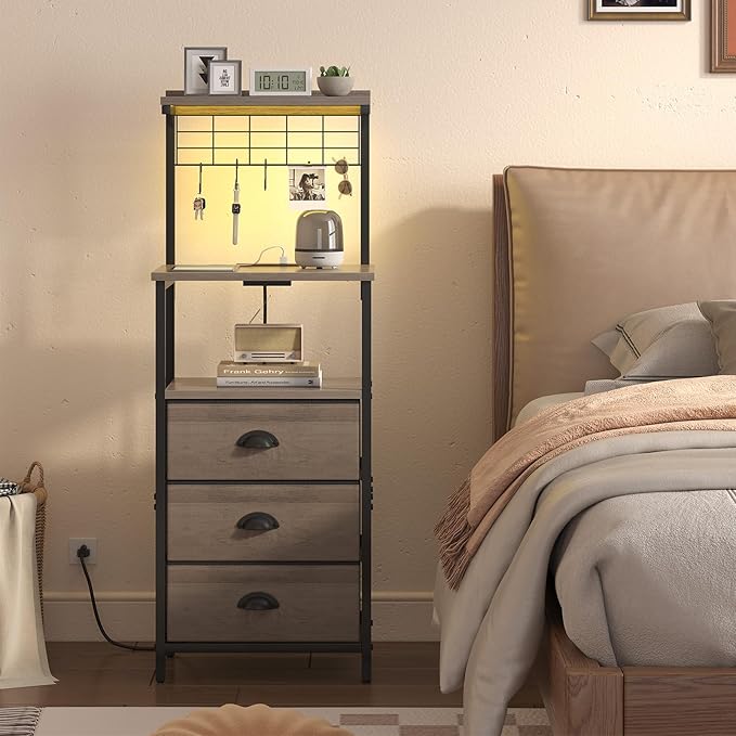Bedside Tall Nightstands with Charging Station, LED Bedside Table for Bedroom - 3 PU Fabric Drawers, Hooks, USB/Type-C Ports & Open Bedside Storage Shelves, Grey