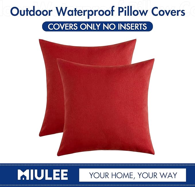 MIULEE Pack of 2 Decorative Outdoor Solid Waterproof Throw Pillow Covers Faux Linen Garden Farmhouse Cushion Cases for Summer Patio Tent Balcony Couch Sofa 18x18 Inch Red