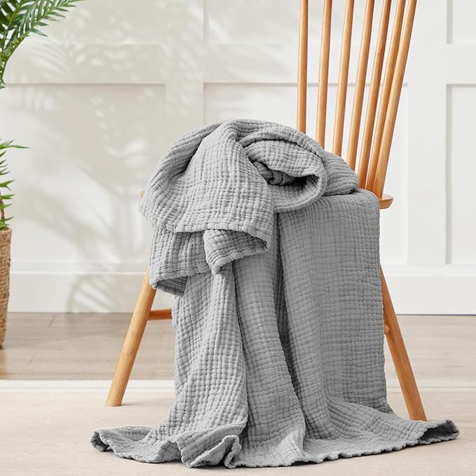 100% Cotton Muslin Blanket King 108" x 90", Breathable and Lightweight Cotton Throw Blankets for Bed, Soft Cooling Summer Gauze Blanket for Adults All Season, Light Grey
