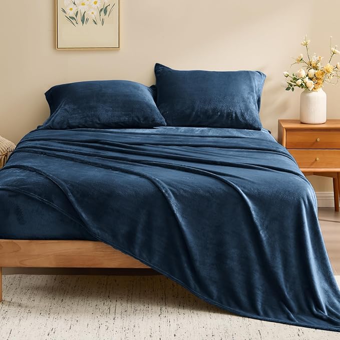BEDELITE Flannel Sheets King Size Navy - Super Soft Fleece Sheets Set Fluffy Extra Plush, 4 Piece(Include Fitted Sheet, Flat Sheet, 2 Pillowcases)