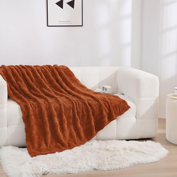 Burnt Orange Fleece Throw Blanket 50”×60” for Couch Sofa Bed,Super Soft Cozy Plush Microfiber Flannel Blanket with 3D Checkered Design Lightweight for Adults,Woman,Girls