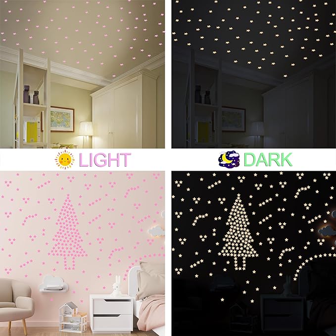 AM AMAONM 100pcs Glow in The Dark Luminous Stars Fluorescent Noctilucent Plastic Wall Stickers Murals Decals for Home Art Decor Nursery Ceiling Wall Decorate Kids Babys Bedroom Room Pink
