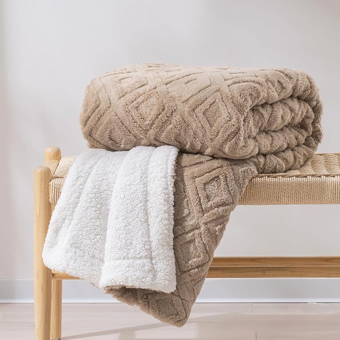 EverGrace Jacquard Boho Sherpa Fleece Throw Blanket for Couch, Super Soft Cozy Fuzzy Plush Blankets for Winter, Reversible Thick Warm Blanket for Bed, Sofa, Living Room, Khaki Tan, 60" x 80"