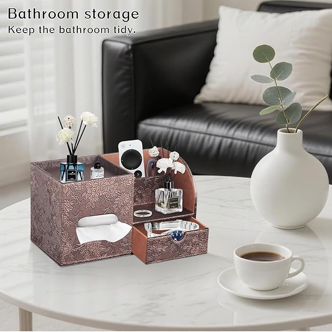Fanousy Square Tissue Box Cover with Drawer Storage and Tray on Top, PU Leather Tissues Cube Boxes Holder, Modern Nightstand Organizer Caddy, Remote Control Holder for Bathroom, Bedside, Office, Home