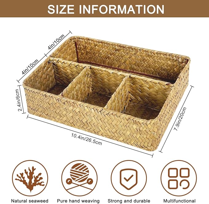 Hand-Woven Storage Baskets Wicker Rattan Divided Basket Organizer for Drawer Baskets for Organizing Cabinet Coffee Table Toilet Paper Storage