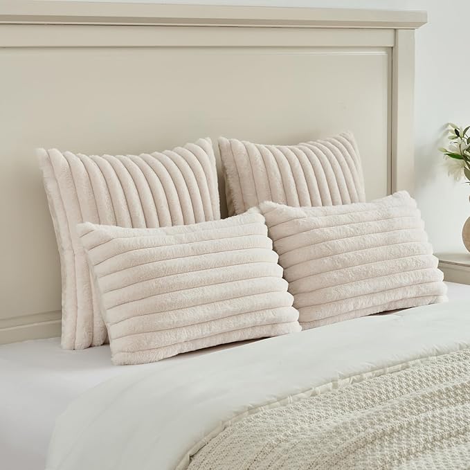 FUTEI Light Beige Decorative Throw Pillow Covers Set of 2, 28x28 Inch Soft Fluffy Faux Fur Plush Striped Euro Pillow Shams, Modern Home Decor for Couch Bed Living Room