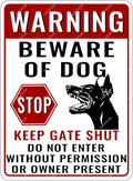 snowsun Warning Metal Signs Beware of Dog Stop Keep Gate Shut Doberman Dog Tin Sign for Home Garden Yard Street Wall Decor 8×12 Inches