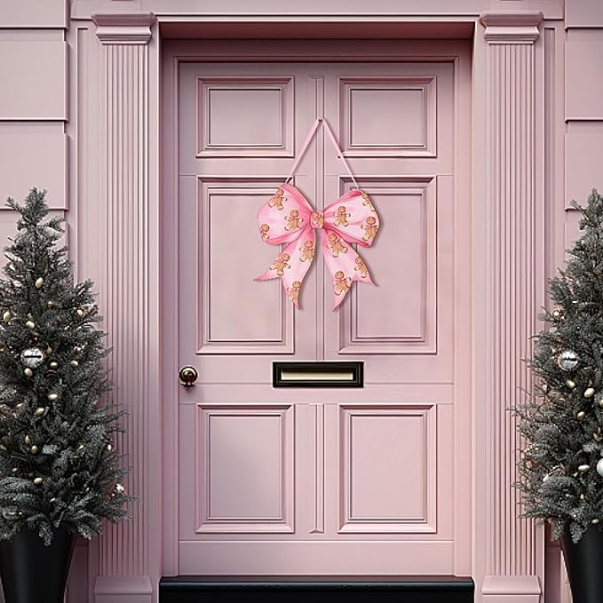 RattanView Pink Christmas Gingerbread Man Coquette Bows Wooden Hanging Sign Cute Preppy Aesthetic Wall Art Bowknot Welcome Door Sign Cute Season Decor for Xmas Room Decor