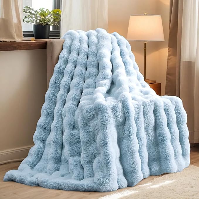 H&D Faux Fur Throw Blanket for Couch,Fluffy Cozy Soft Plush Luxury Thick Fuzzy Fleece Blanket for Couch Bed Sofa Bedroom Living Room,Comfy Bubble Blanket(Light Blue, Queen (80"x90"))