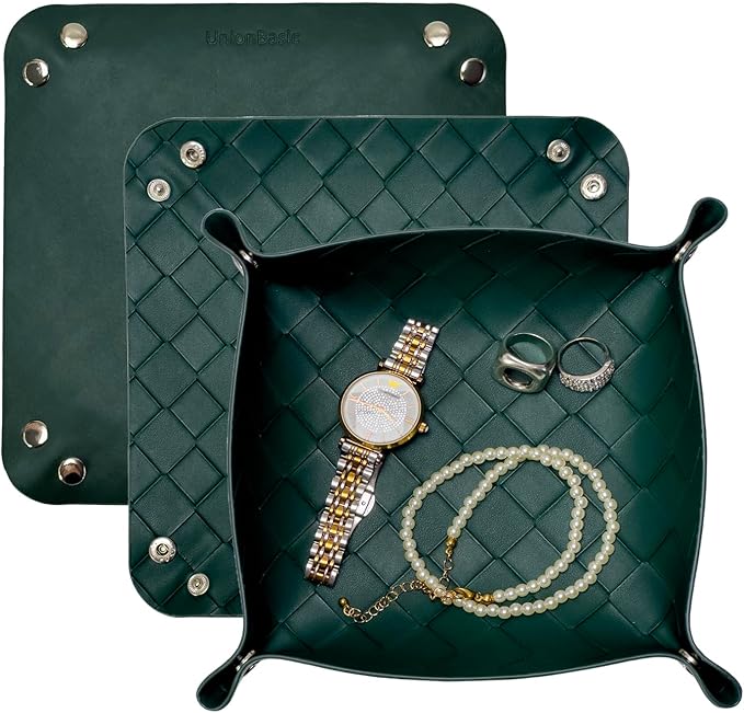 UnionBasic Small Valet Tray, Jewelry Tray for Rings Watches Earrings, Entryway Catchall Caddy for Coins Keys Change, Nightstand Bedside Valet Holder, Trays for Electronic Gadgets, Woven Vintage Green