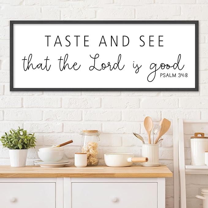 Oh Taste And See That The Lord Is Good Wall Decor 32"×12" Psalm 34:8 Bible Verse Scripture Sign Large Christian Dining Room Wall Hanging Art (Black)