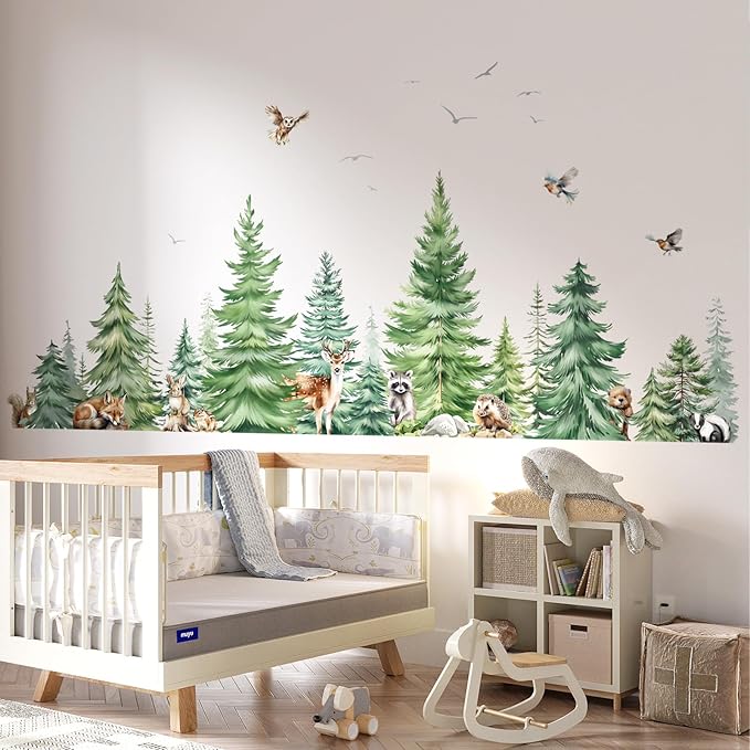 decalmile Large Watercolor Pine Tree Animals Wall Stickers Woodland Forest Tree Fox Deer Bear Wall Decals Baby Nursery Bedroom Living Room Wall Decor