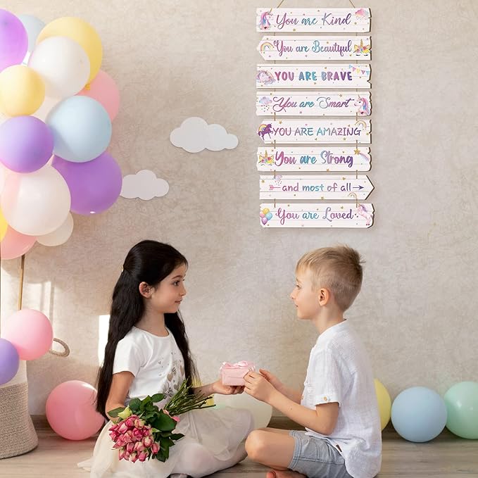 Inspirational Girl Room Decor Aesthetic Art Wall Hanging Sign Inspiring Colorful Rainbow Wooden Decoration for Kids Teens Toddler Boy Baby Bedroom Nursery Dorm Decor, 6-12 Years old (Magic Unicorn)