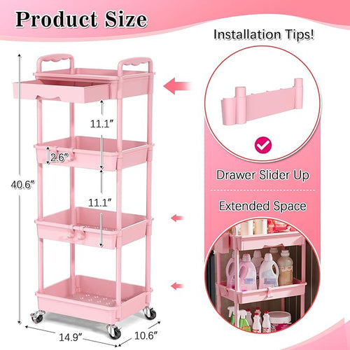 4 Tier Rolling Utility Cart with Drawer, Storage Organizer Cart with 2 Lockable Wheels, Multifunctional Rolling Storage Cart for Bathroom, Kitchen, Craft, Makeup, Baby Essentials, Pink