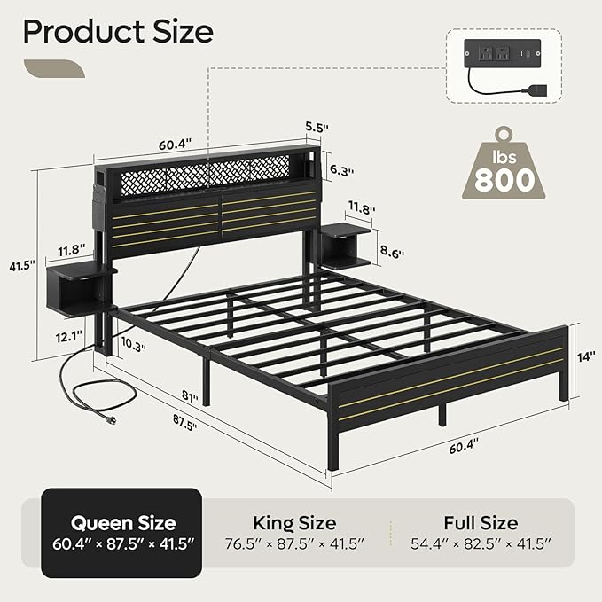 Bestier Queen Bed Frame with Horizontal Golden Stripe Storage Headboard&LED Nightstands, Metal Platform Bed with Charging Station, Heavy Duty Metal Slats, No Box Spring Needed, Noise Free(Matte Black)
