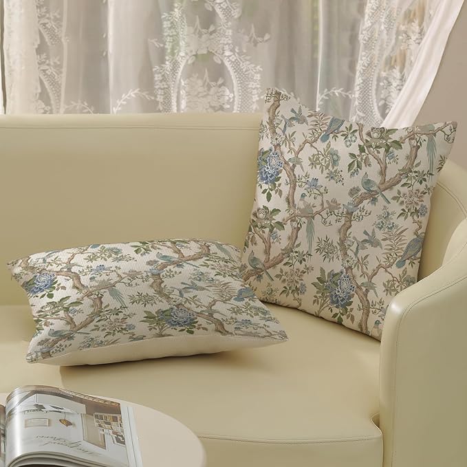 Chinoiserie Pillow Covers 18x18 Set of 2 Blue Green Bird Floral Throw Pillows Vintage Blue Flowers Decorations Outdoor Pillowcase Chinoiserie Decor Farmhouse Linen Cushion Case for Couch Home