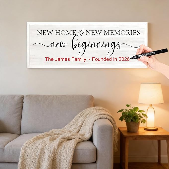 New Home, New Memories, New Beginnings Wall Decor Sign – 32x12 Inch Framed Wooden Sign with Writable Family Name & Year Space, Rustic Farmhouse Housewarming Gift for New Home, Entryway, Living Room, White